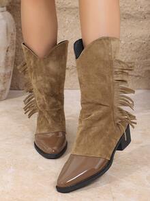 Autumn/Winter New Women's Thick Heel Mid-Calf Boots Tassel Black Vintage British Style Versatile Outdoor Riding Boots - Khaki - View 8