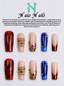 NAIO 10入/組 手工壓接式假指甲，3種尺寸：棺材形/杏仁形/短方型，Y2K辣妹風，裸色/藍色/棕色豹紋法式邊緣，金色、金珠與寶石裝飾，奶油質感，適合女性與女孩，派對與日常佩戴，含工具組，禮物與美甲用品 - 彩色 - 查看 20