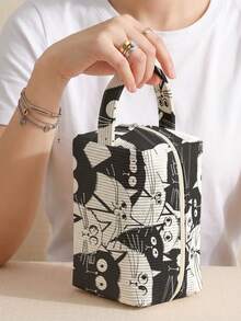 1 pieza Bolsa de pana con estampado de gato con asa, bolsa de maquillaje y artículos de tocador, cierre con cremallera. Plegable, duradera, multiusos para viajes, uso diario y estudiantes - Multicolor - Ver 4