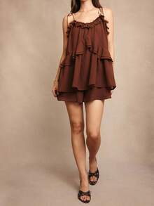 Womens Summer Romper Dress Chiffon Spaghetti Strap Sleeveless Ruffle Tiered Short Jumpsuits Beach Vacation Rompers - Brown - View 6