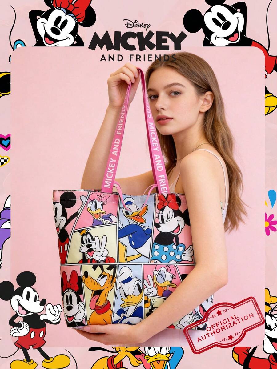 Disney 1個迪士尼官方授權米奇與好友圖案托特包,大容量可折疊購物袋,輕量肩背包,卡通手提包,大/中/小尺寸可選,適合女孩/少女/青少年/粉絲,適用於日常/購物/外出/學校/旅行 - 彩色 - 查看 1