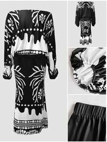 Women's 2pcs Tropical Print Lantern Sleeve Cold Shoulder Top + Elastic High Waist Mermaid Maxi Skirt Set, Vacation Resort Style Black Elegant - Black - View 9