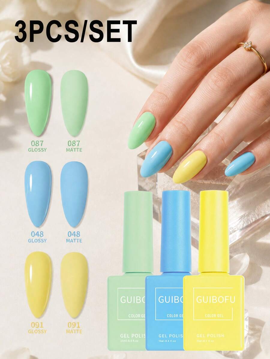 GUIBOFU 3件組/套 淡藍色薄荷綠黃色凝膠指甲油套組，15ml UV LED 浸泡式指甲凝膠指甲油套組，配色瓶身設計，清新春季糖果系列適用於日常美甲 | GUIBOFU