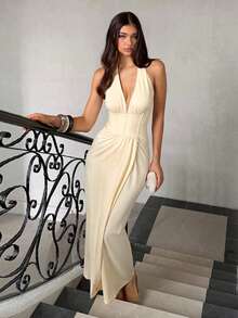WOWDARK Summer Dress Yellow Fashion Women's Carnival Deep V Waist Tie Open Slit Elegant Dress, Suitable For Carnival, Dates, Gatherings, Parties, Travel, Vacation, Beach And Other Occasions Wedding Party Spring - Yellow - View 2