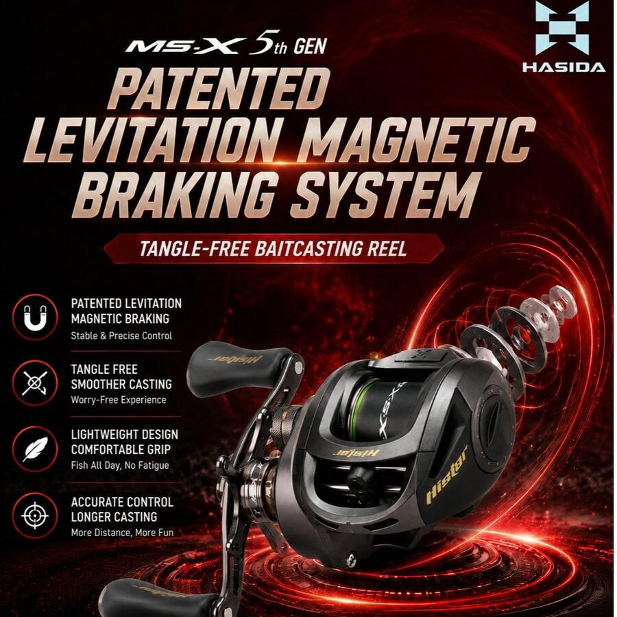 HASIDA MS-X 5th Gen Baitcasting Reel Patented Levitation Magnetic Braking System Tangle-Free Fishing Reel Lightweight Design - Gold - View 1