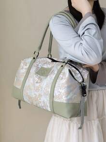 花卉刺繡拼色大容量旅行包，健身手提包兼斜跨包，短途度假過夜包，開學季行李包 - 綠色 - 查看 5