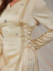 Elegant Women's V-Neck Long Sleeve Arabic Style Maxi A-Line Dress With Side Tie Wedding Party - Light Yellow - View 2