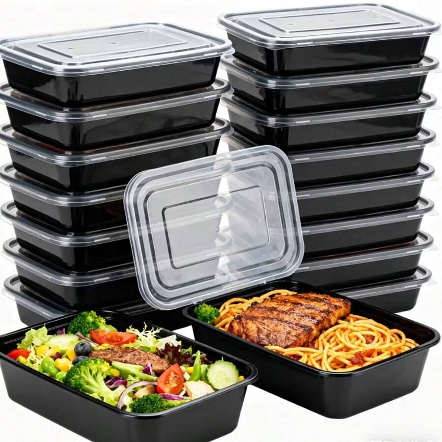 100pcs Meal Box Set, Including 50 Lids And 50 Containers, Stackable For Food Storage, Leak-Proof Design To Keep Food Fresh. These Disposable Lunch Boxes Are Ideal For Takeout And Meal Prep. - Black - View 1