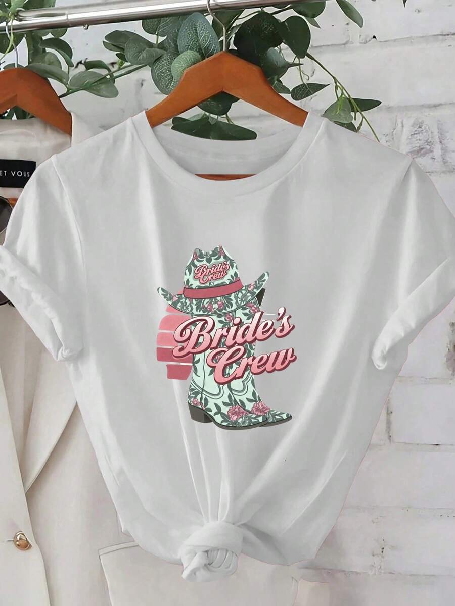 1pc Women'S Summer Short Sleeve T-Shirt -2D Geometric Drawing Cowboy Boots Pattern With Bride'S Crew Lettering. Street Style Youthful Design - White - View 1