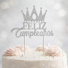 1個亮面水鑽「Feliz Cumpleaños」合金蛋糕裝飾插牌，西班牙文生日快樂派對裝飾 - 查看 8