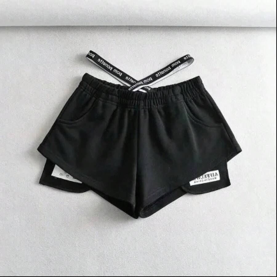Pantalones Cortos Deportivos Negros de Cintura Alta para Mujer, Estilo Casual de Verano, Corte Holgado, Pierna Ancha, Cintura... - Negro - Ver 1