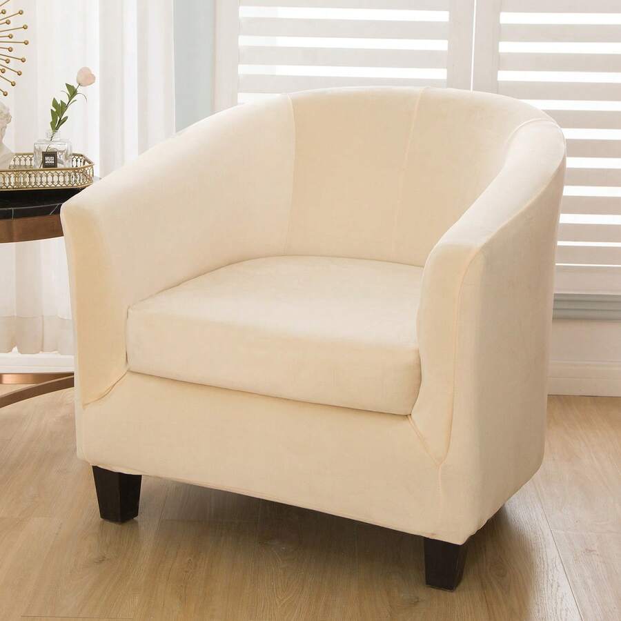 Elastic Armchair Cover For Bathtub Chairs, 2-Piece Set, Velvet Cover With Cushion Cover, Removable And Washable, Club Chair Cover For Office, Dining Room, Club Chair - 米色 - 查看 1