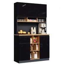 Moderner weißer Küchenschrank (105 * 45 * 185 cm), der als Sideboard oder Vitrine genutzt werden kann. Er verfügt über hochglanzlackierte Türen, Metallgriffe, verstellbare Einlegeböden, Schubladen, offene Ablageflächen und eine Kippsicherung. Geeignet für Küche, Esszimmer und Wohnzimmer. - Schwarz - Übersicht 7