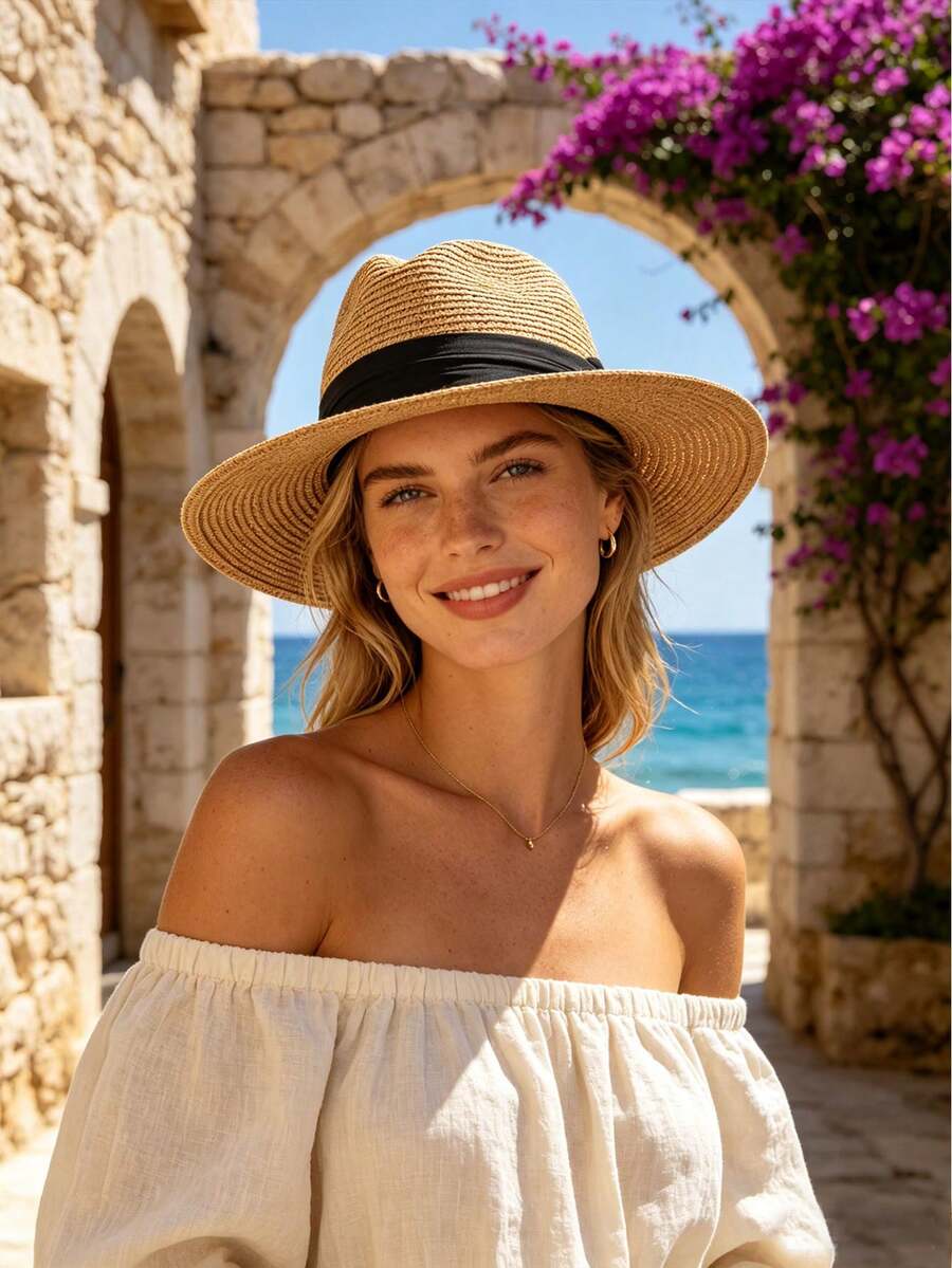1 buah Topi Fedora Jerami Lipat, Topi Matahari Bertepi Lebar Pelindung UV, Cocok untuk Pantai, Perjalanan, dan Pemakaian Sehari-hari - beraneka warna - View 1