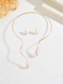 1套3件組復古優雅時尚頸鍊耳環套組，白色滴水水滴造型項圈飾品，簡約百搭開口式水滴鑲嵌設計，適合女性日常、宴會、派對配戴 - 白色 - 查看 8