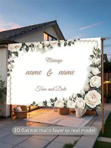 Customizable Name & Date Minimalist Wedding Theme Personalized White Floral Pattern Design, Suitable For Wedding Party Backdrop, Bridal Gift And Photography Background Decor, PVC Banner - A - View 4