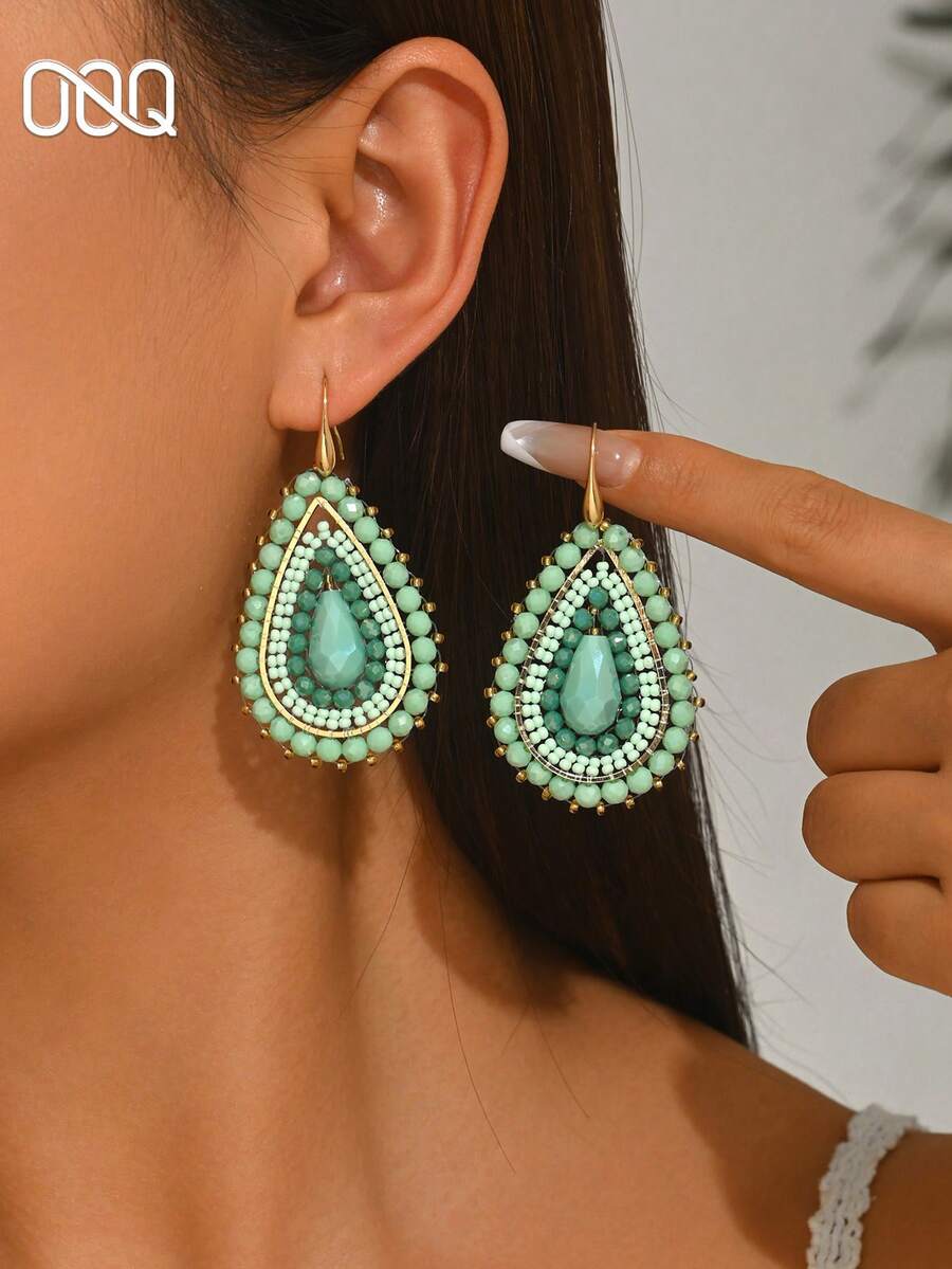 OOQ 1 Pair Handmade Beaded Seed Bead Earrings, Summer Vacation Style, Elegant Elegant Fashion Ins Style Geometric Teardrop Earrings, Valentine's Day, Music Festival, Wedding Season Groom Bride Bridesmaid Gift, Gift For Friends And Lovers, Suitable For Women's Daily, Vacation, Party Wear (Handmade Seed Bead Color And Position Random) - Green - View 1