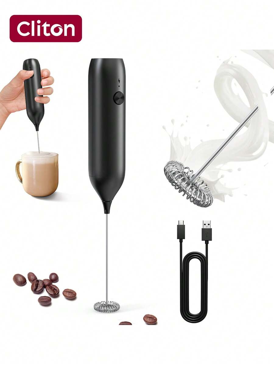CLITON Handheld Rechargeable Milk Frother, Type-C Fast Charging With Long Battery Life, Lightweight Compact Design, Creates Rich Creamy Foam For Multiple Beverages, Easy Operate & Store, Perfect Kitchen Accessory & Holiday Gift For Coffee Lovers