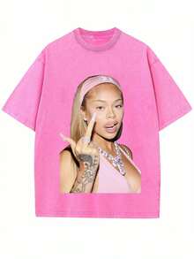 Women's Y2K Pink Oversized Cotton Short Sleeve Round Neck Casual T-Shirt - 玫瑰紅 - 查看 1