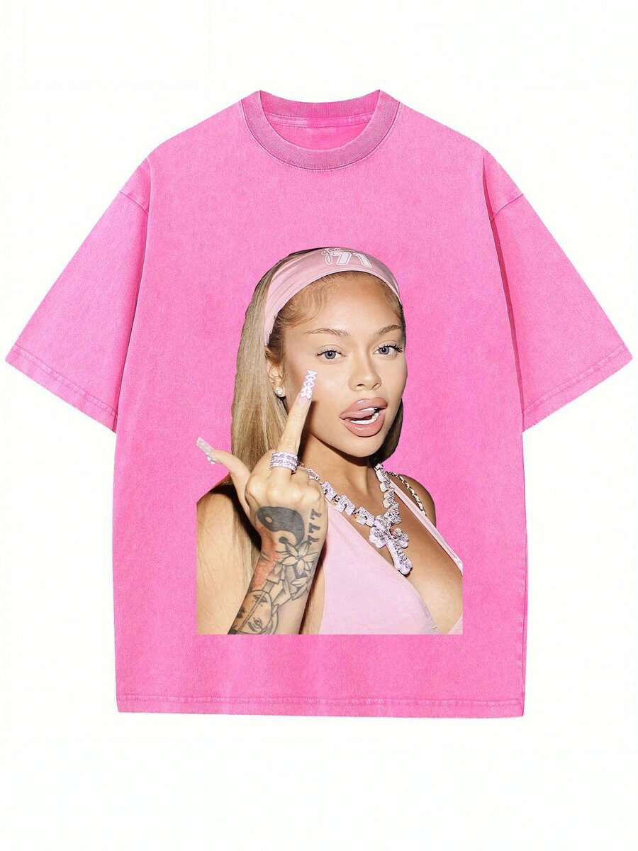 Women's Y2K Pink Oversized Cotton Short Sleeve Round Neck Casual T-Shirt - 玫瑰紅 - 查看 1
