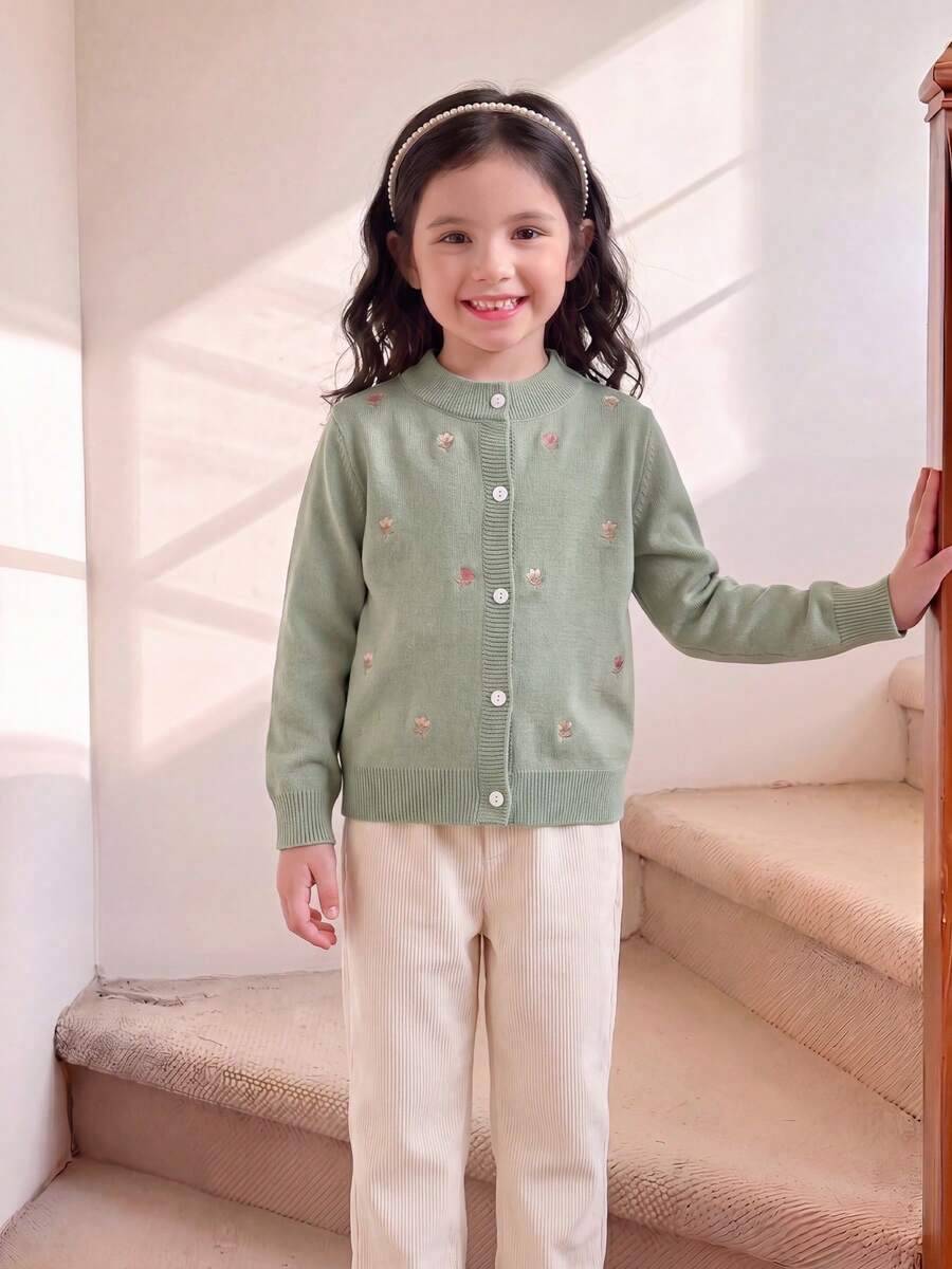 Cardigan Rajut Leher Bulat untuk Anak Perempuan dengan Bordir Bunga Buatan Tangan - Cadet Blue - View 1