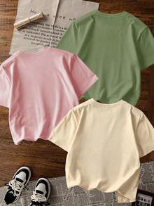 3pcs/Set Kaos Musim Panas Ukuran Besar untuk Anak Perempuan, Kaos Kasual Longgar, Bernapas, Warna Polos, Pakaian Sehari-hari Serbaguna, Gaya Manis & Imut untuk Remaja - Hijau - View 3