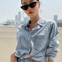 xuehuamaoyi02  Blusa de mezclilla con bolsillo con parche y botones, chaqueta de mezclilla, ropa de mujer de otoño de manga larga - Lavado ligero - Ver 2