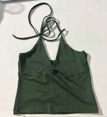 Minimalist Halter Top With V-Neck And Tie At The Neck Summer - Army Green - View 9