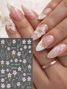 2pcs Embossed Pink Cherry Blossoms Flower French Nail Stickers Elegant Camellia Lily Floral Nail Decals With Golden Lines Wedding Nail Charms Nail Supplies Manicure - Multicolor - View 4