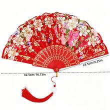 Floral Gold Foil Printed Folding Hand Fan With Tassel Pendant, Vintage Spanish Style Fan, Wedding Bride Ball Party Costume Accessory - Peony Flower Folding Fan - View 6