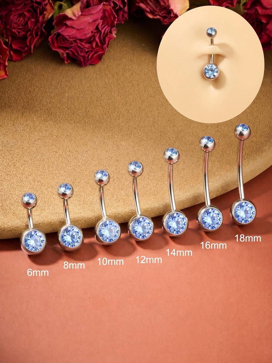 1pc 14G Stainless Steel Belly Ring, Light Blue, Classic Style, Suitable For Daily Wear, Women's Belly Piercing Jewelry, Available Sizes 6/8/10/12/14/16/18mm - Baby Blue - View 1