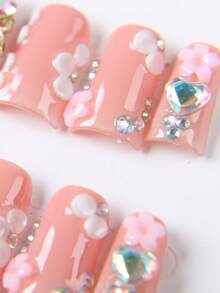 10pcs Glossy Duck-Shaped Press-On Nails, Nude Pink Acrylic Fake Nails, 3D Butterfly, Flower & Sparkling Rhinestone Decor, Sweet Girly Style, Flattering & Eye-Catching, Suitable For Daily Wear & Party, Hot-Selling Butterfly Nail Stickers Handmade Press On Nails - Pink - View 5