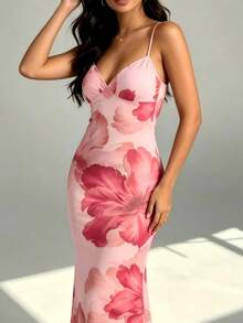 Đầm maxi nữ họa tiết hoa hồng dây quai mảnh, đầm đuôi cá ôm sát thanh lịch cho mùa hè, phù hợp đi tiệc cưới, tiệc tùng, du lịch, đi biển, lễ hội và lễ tốt nghiệp - Hồng - Xem 4