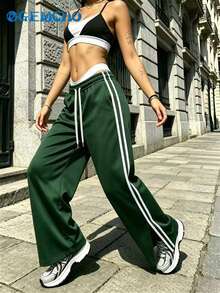 GEMCHO Women's Sports Pants, Knitted Fabric, Slightly Elastic, Ankle Slit, Striped Webbing, Casual Running Pants, Campus Style - Dark Green - View 5