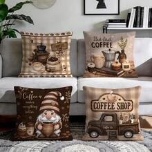 4 piezas Fundas de cojín/almohada con estampado de cuadros de café vintage impreso en un solo lado, fundas de cojín decorativas para crear ambiente en múltiples escenas, adecuadas para sala de estar, sofá, dormitorio, sin rellenos de cojín, 40x40cm/45x45cm/50x50cm - Multicolor - Ver 2