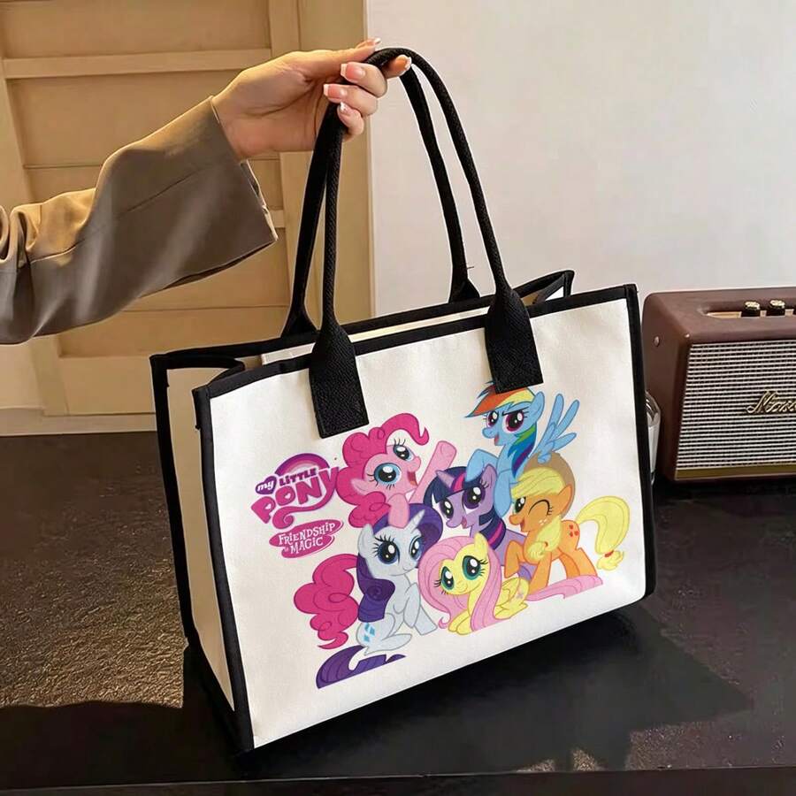 Miniso 小馬寶莉 Mane Six 組帆布托特包,自然米色底色配粉色滾邊 - 黑色 - 查看 1