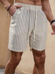 Men's Casual Vertical Striped Loose Fit Fashion Beach Vacation Summer Shorts - Khaki - View 3