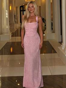 New Fashionable Shiny Silk Slim Fit Waist Cinched Back Strap With Shiny Design, Long Temperament Dress - Pink - View 4