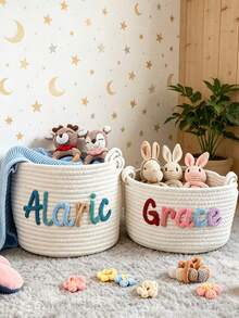 1pc Personalized Name Storage Basket, Toy Bin For Girls And Boys, Customized Handmade Rope Woven Cotton Basket, Bohemian Style Room Decor, Personalized Gift For Home And Pets, Cotton Woven Baby Room Storage Basket, Large Capacity Kids Toy Organizer, Bedroom Decor - Multicolor - View 2
