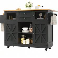 Kitchen Island, Serving Cart With Worktop, Sideboard, Wood-Finish Serving Cart, Side Towel Rack, Three-Dimensional Cupboard Doors On Casters, Adjustable Partitions, White - 黑色 - 查看 5