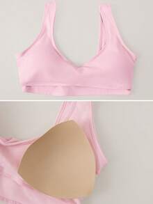 TimeOff Women's One Piece Contrast Color White Trim U-Neck Backless Sports Bra Tank Top With Removable Built-In Pads - Pink - View 4