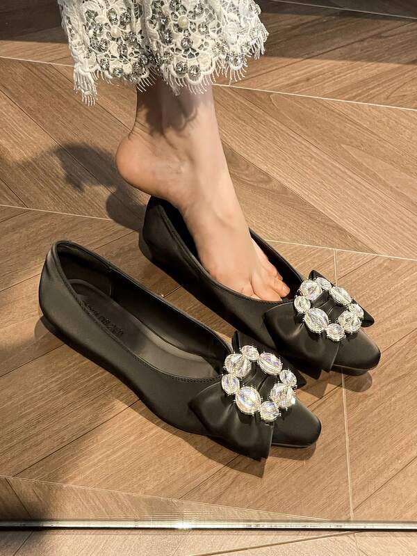 Vintage Office Commuter Shoes Black Work Shoes Versatile Elegant Women's Casual Shoes Low Vamp Pointed Toe Low Heel Large Butterfly Heel Kitten Heel Shoes Size 34 To 42 Suitable For Spring Summer Autumn Winter