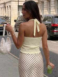Women's Halter Neck Backless Tank Top, Asymmetrical Hem Polyester Vest For Summer Outfits - Yellow - View 3