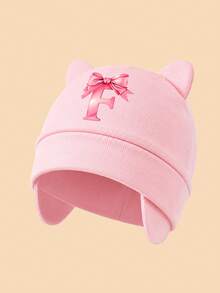1PC Newborn Pink Cat Ear Beanie, Bowknot A-Z Letter Print Ear Protector Baby Hat, Soft Breathable Hospital Cap, Suitable For Baby Daily Rest And Sleep - Pink - View 15