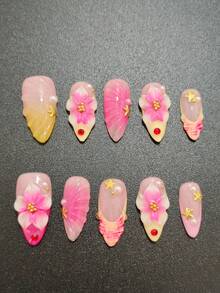10 Sets Handmade Almond Press On Nails,2.5cm Starfish Faux Pearl French Style Acrylic Fake Nails,Reusable Fashion Nail Stickers Sheets,Exquisite Nail Decor For Women Teens,Valentine Party Festival Daily DIY Nail Art Accessories - Multicolor - View 2