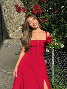 Sexy Women Midi Dress, Corset Bustier Spaghetti Strap Summer Dress With Slit, Floral/Plain Sundress For Vacation Beach Outfit, Party, & Casual Wear - 紅色 - 查看 1