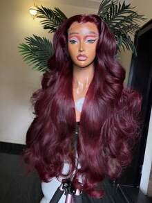 13X4 Front Lace Real Human Hair Wig For Women 99J Burgundy Colored Body Wave Remy Hair With Bangs Long Hair Pre Plcuked Natural Hairline Date Party Vacation 180 Density - S99JA/BUGA - View 4