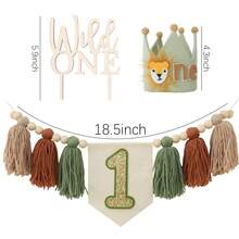 Ensemble de 3 décorations pour premier anniversaire sur le thème de la nature (vert et marron) : banderole pailletée avec chiffres pour chaise haute, chapeau couronne d'anniversaire et décoration pour gâteau. Accessoires photo et décoration pour gâteau d'anniversaire. - Voir 3