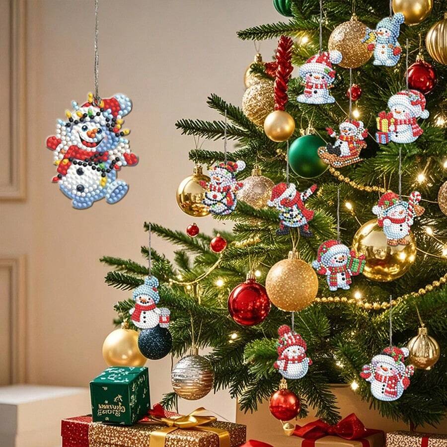 12pcs/Set Holiday 5D DIY Diamond Painting Christmas Ornament Set - Vibrant Keychains With Round Diamonds, DIY Cute Christmas Snowman, Perfect For Holiday Decor And Crafting, Christmas Diamond Painting, Christmas Ornaments, Christmas Tree Crafts - View 1