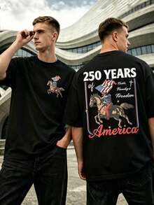 USA 250 Years Of America Cowboy And Horse Graphic T-Shirt, Patriotic With Faith, Family And Freedom, 4th Of July Front And Back Print, Men's Casual Cotton T-Shirt - 黑色 - 查看 1